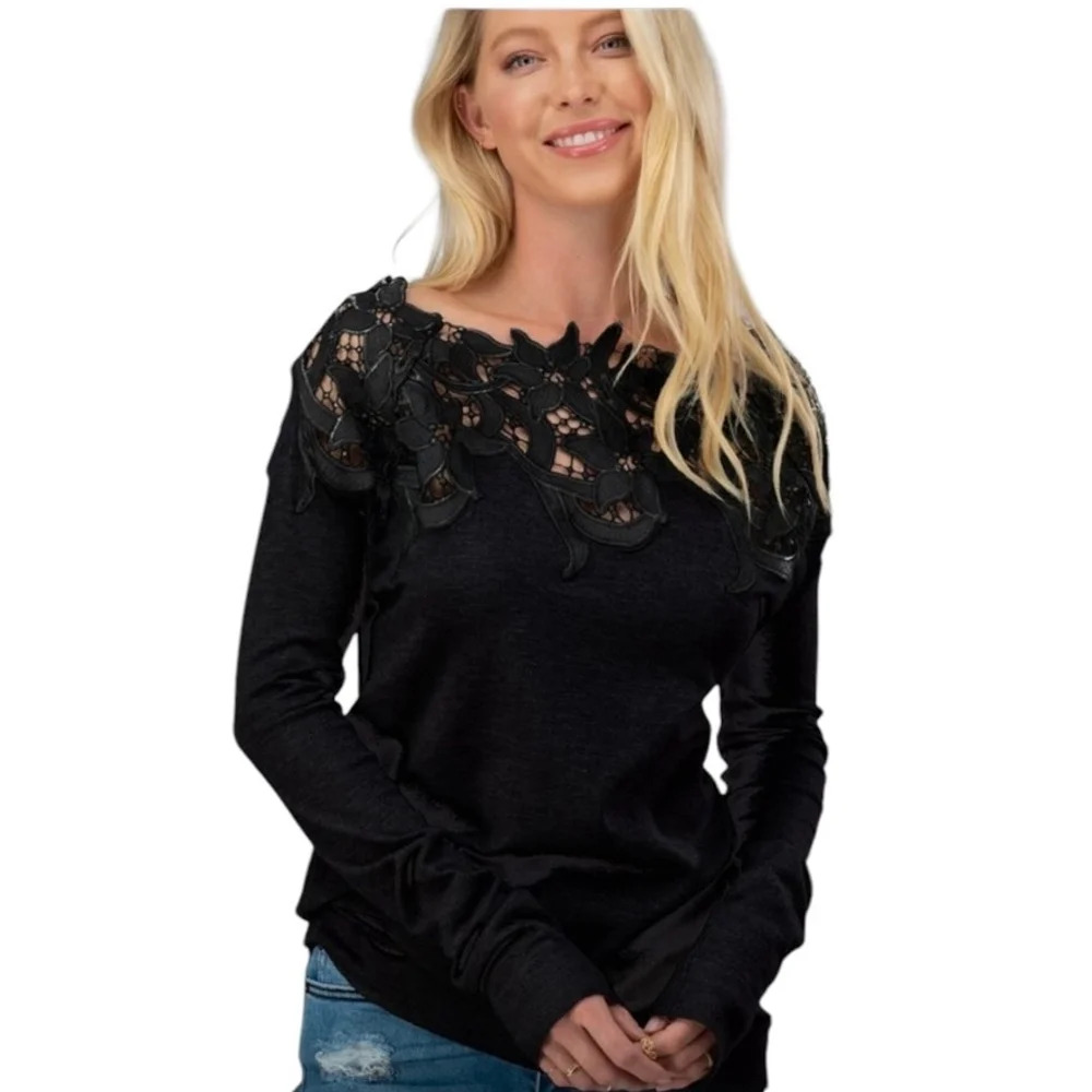 Black Soft Buttery Sweater with Lace on Boat Neckline Long Sleeves